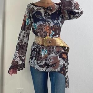 Brown Floral Asymmetrical Vintage Top